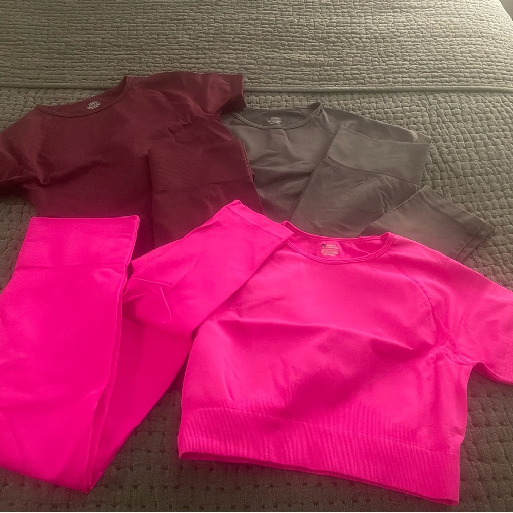 Set of Three Short Sleeve Crop Tops & Pants- Pink, Gray, and Burgundy
